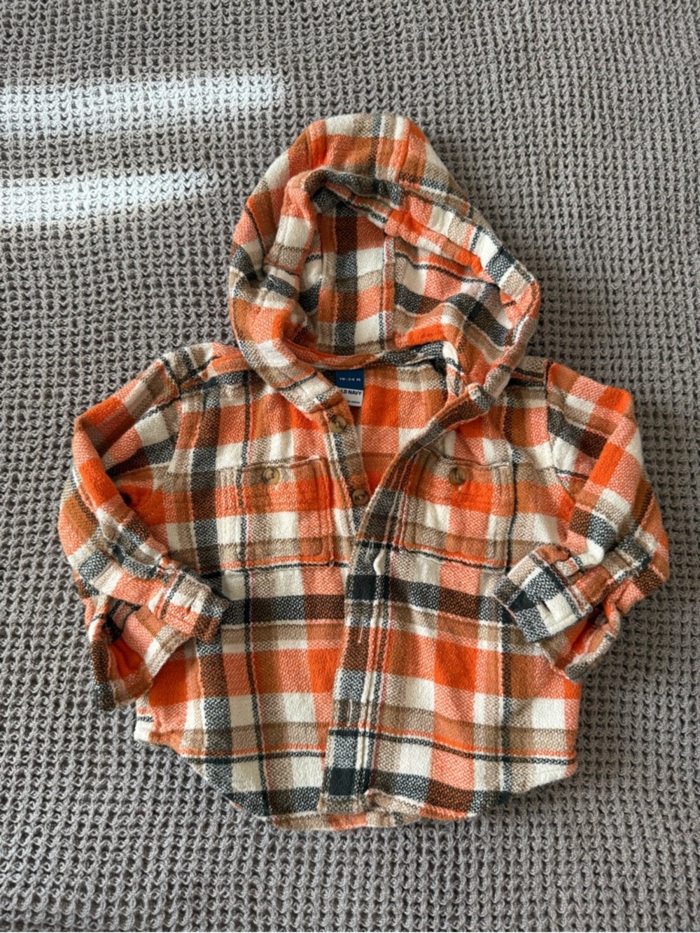 100% Cotton Old Navy Orange, Cream & Brown Plaid Hooded Button-Down Shirt